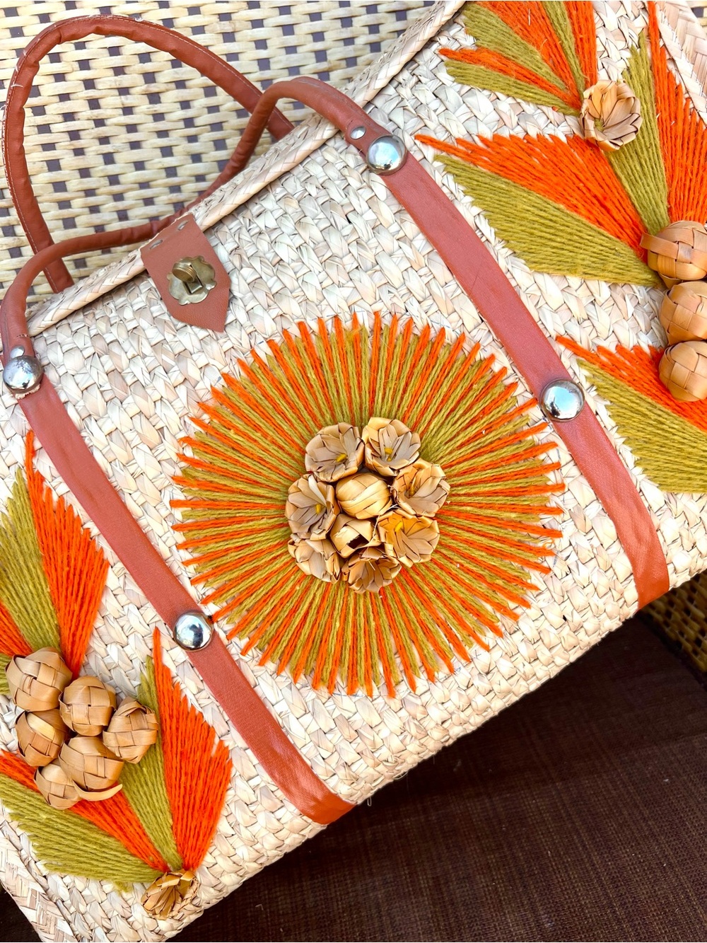 Vintage Handmade 1960s Cozumel Raffia Overnight Bag / Tote With Handles - Picture 4 of 7